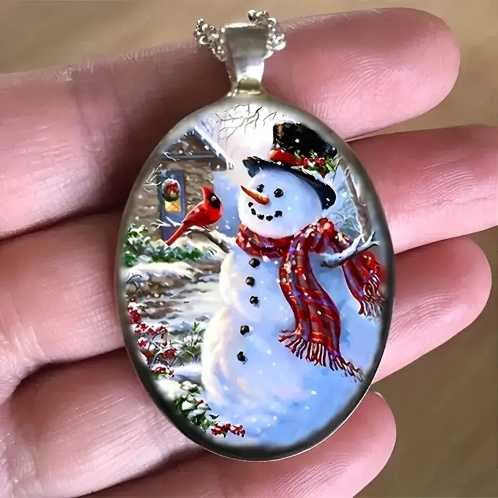 Silver Oval Shaped SNOWMAN Cardinal Pendant Necklace